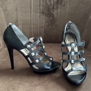 Pelle Moda Black Strappy Platform Heels with Silver Studs